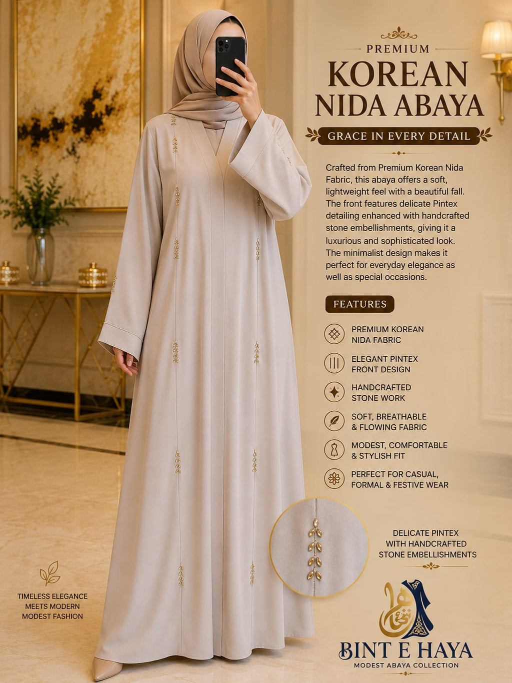 Premium Korean Nida Abaya with Stone Work | Bint e Haya
