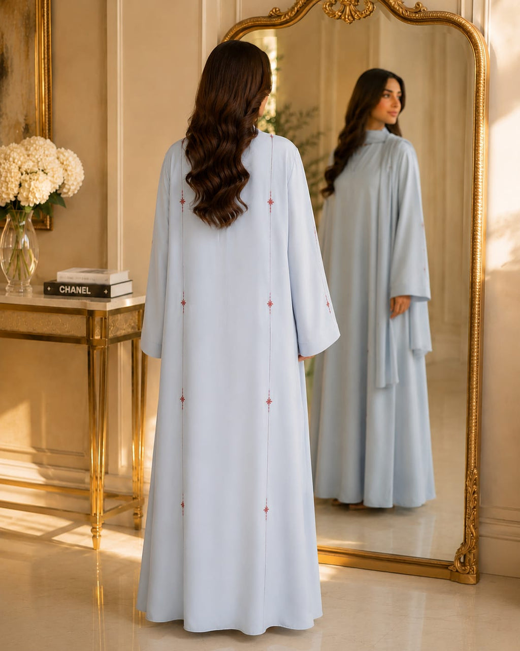Titel. Premium Korean Nida Hand Stone Work Abaya – Sky Blue(BURKHA)