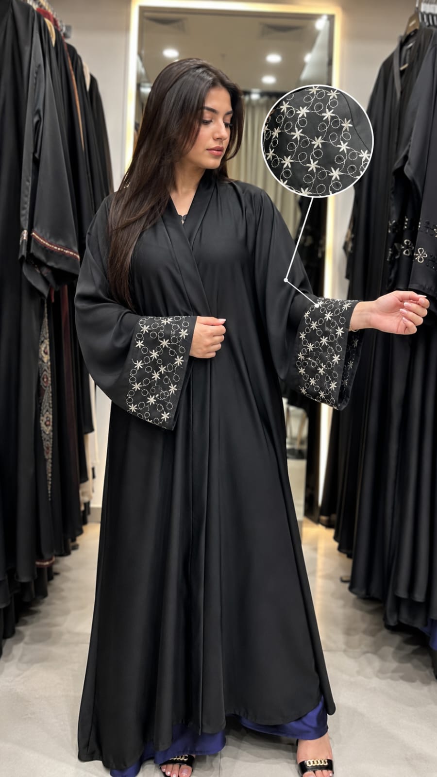 Women's Elegant Black Abaya | Floral Embroidered Wide Sleeves ( BURKHA )