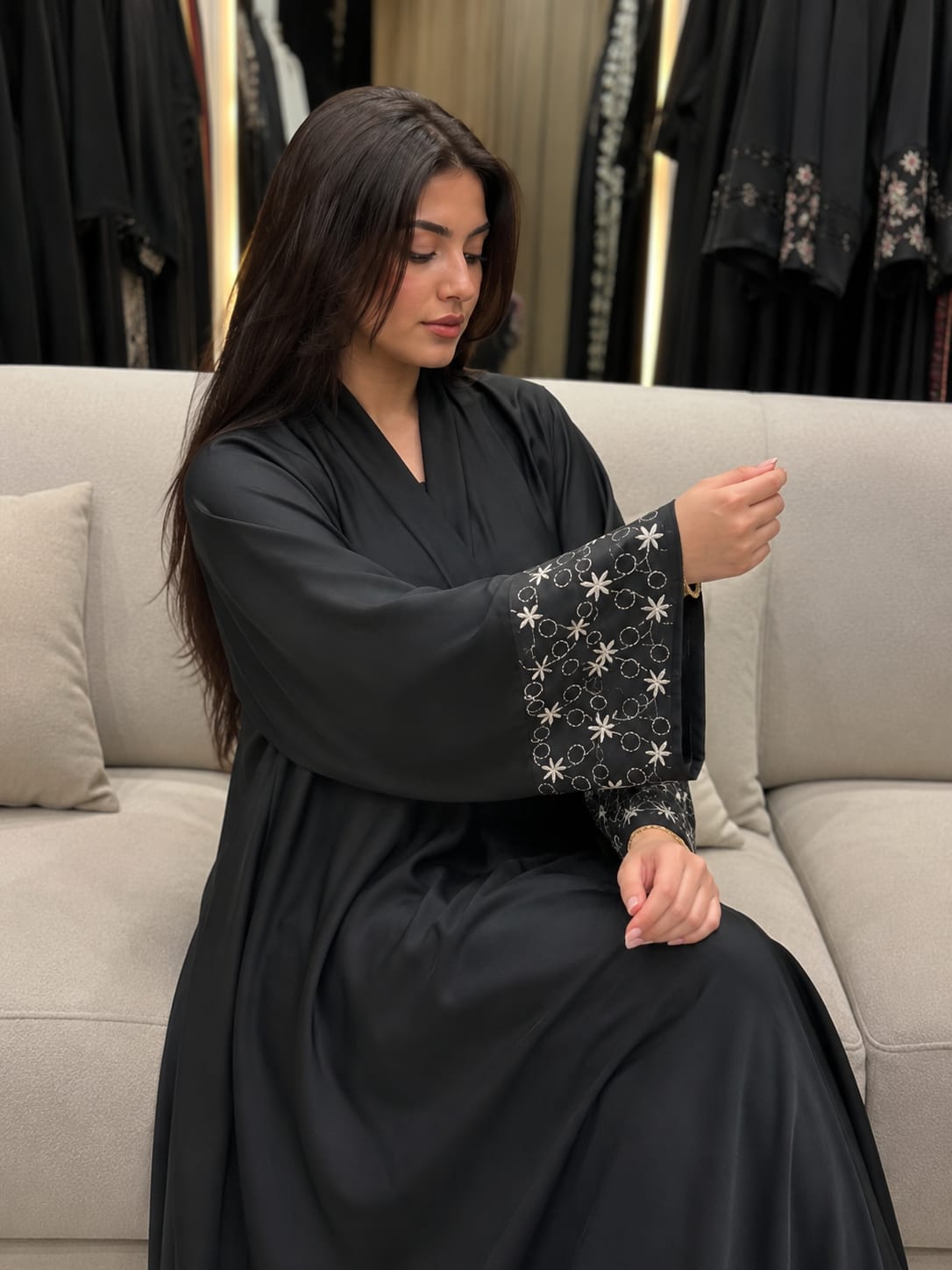Women's Elegant Black Abaya | Floral Embroidered Wide Sleeves ( BURKHA )
