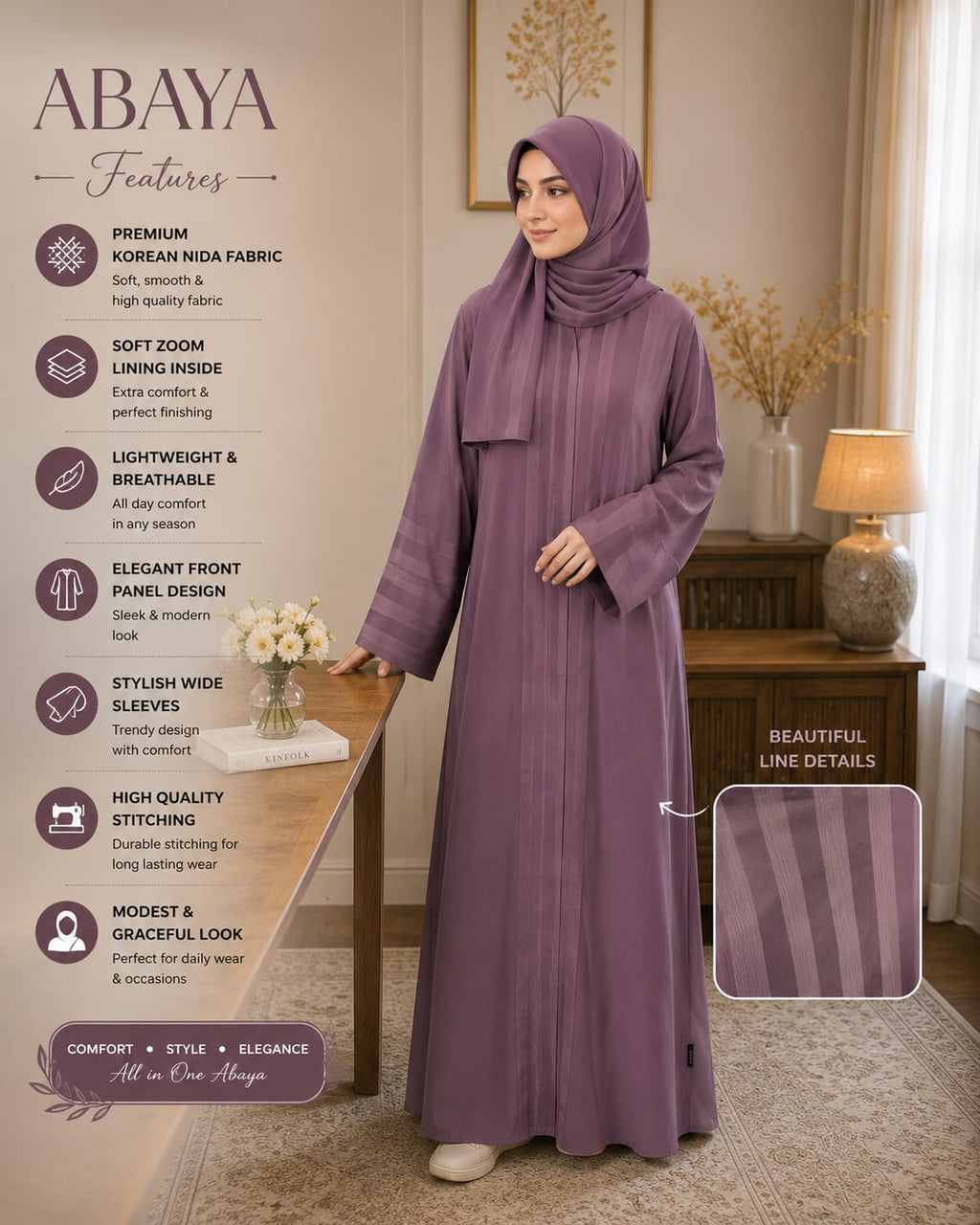 Elegant Women's Abaya with Soft Zoom Lining & Premium Korean Nida Fabric