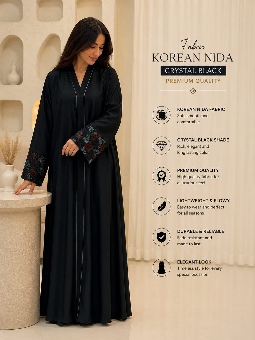 Premium Korean Nida Crystal Black Abaya | Embroidered Cuff Design ( BURKA )
