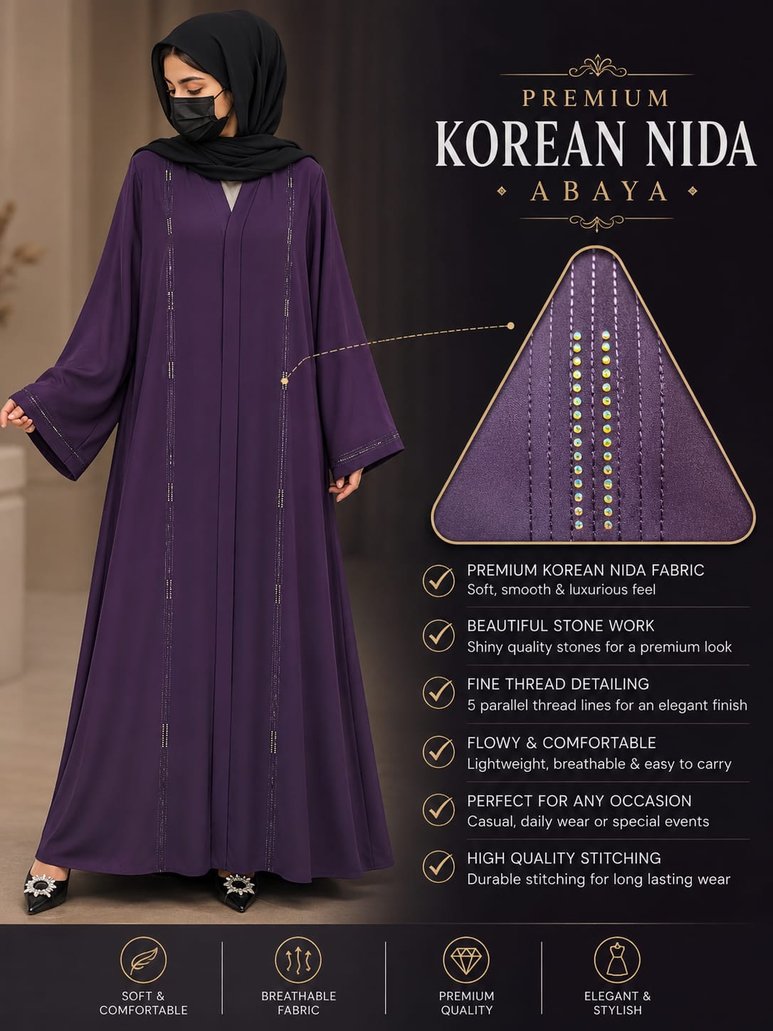 Luxury Korean Nida Stone Line Open Front Abaya – Premium Modest Wear | Plum Purple ( BURKHA )