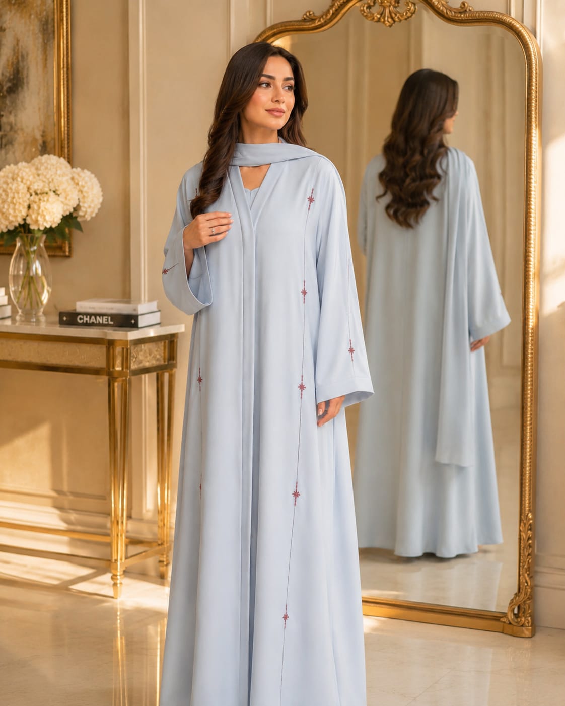 Titel. Premium Korean Nida Hand Stone Work Abaya – Sky Blue(BURKHA)