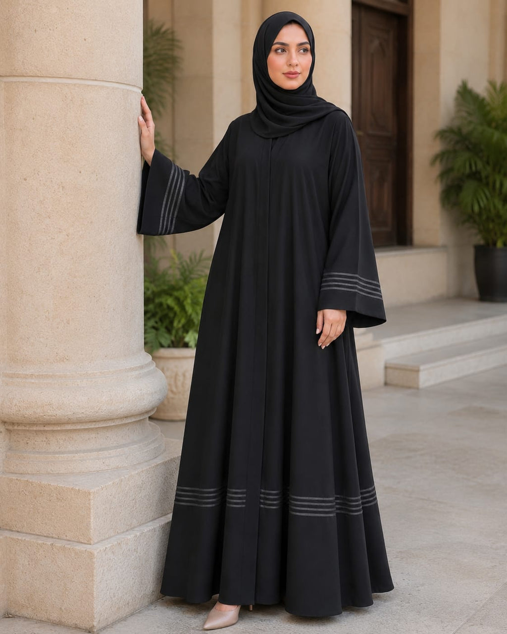 Bint e Haya Premium Korean Nida Black Abaya – 4 Line Piping Sleeves |  | Modest Wear