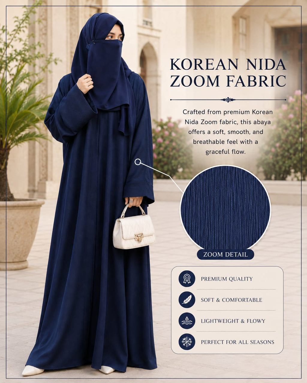 Premium Korean Nida Zoom Fabric Navy Blue Abaya – Elegant Modest Islamic Wear