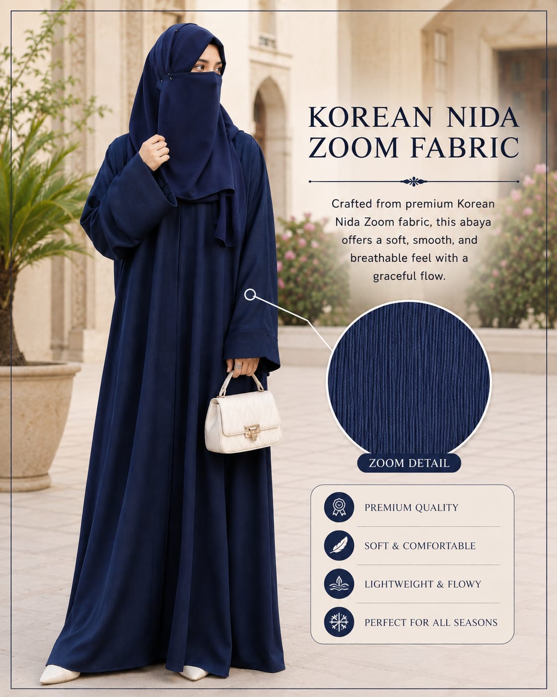 Premium Korean Nida Zoom Fabric Navy Blue Abaya – Elegant Modest Islamic Wear