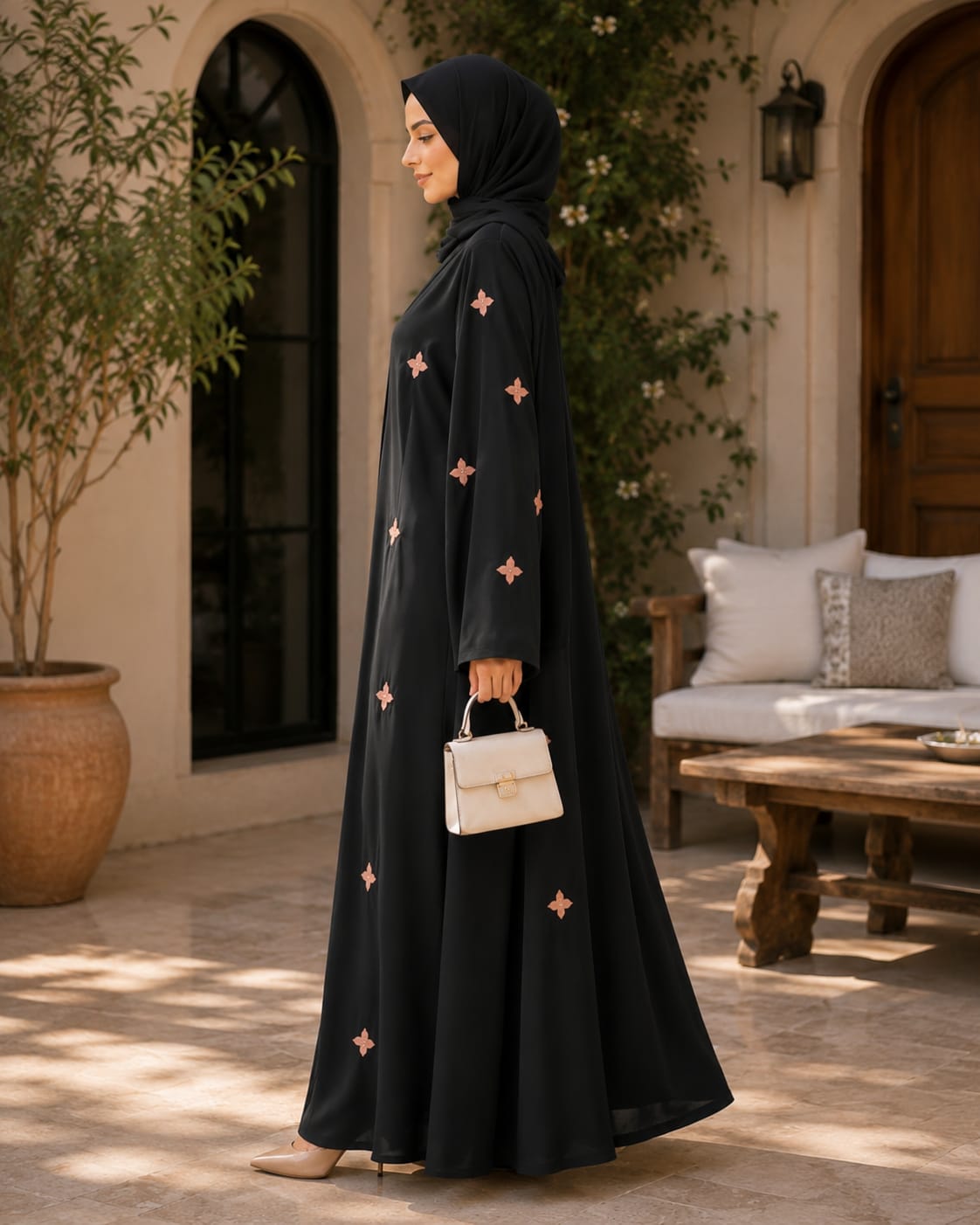 Korean Nida Crystal Black Embroidered Abaya