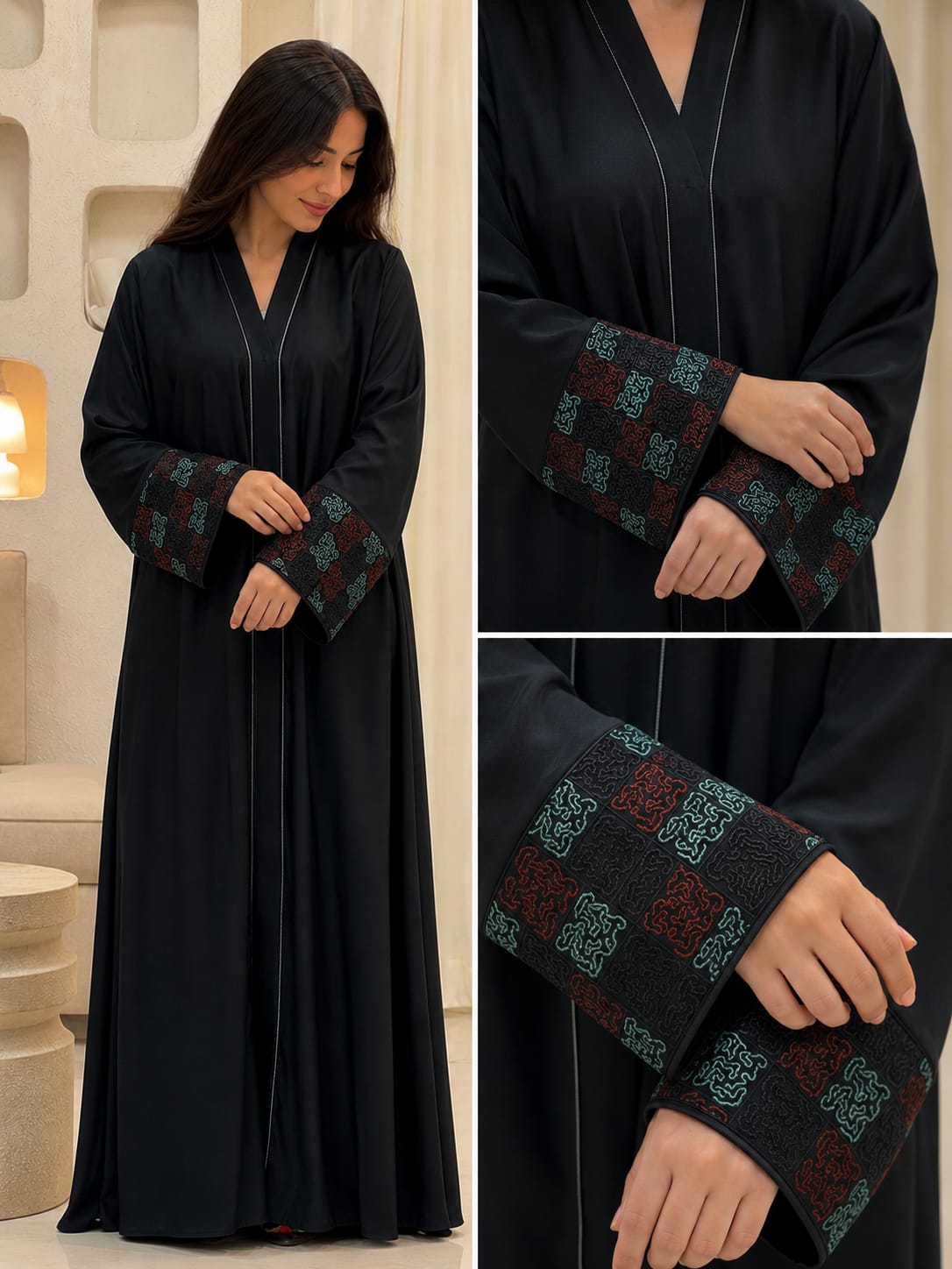 Premium Korean Nida Crystal Black Abaya | Embroidered Cuff Design ( BURKA )