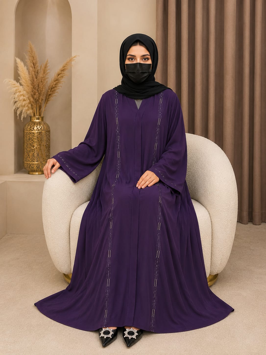 Luxury Korean Nida Stone Line Open Front Abaya – Premium Modest Wear | Plum Purple ( BURKHA )