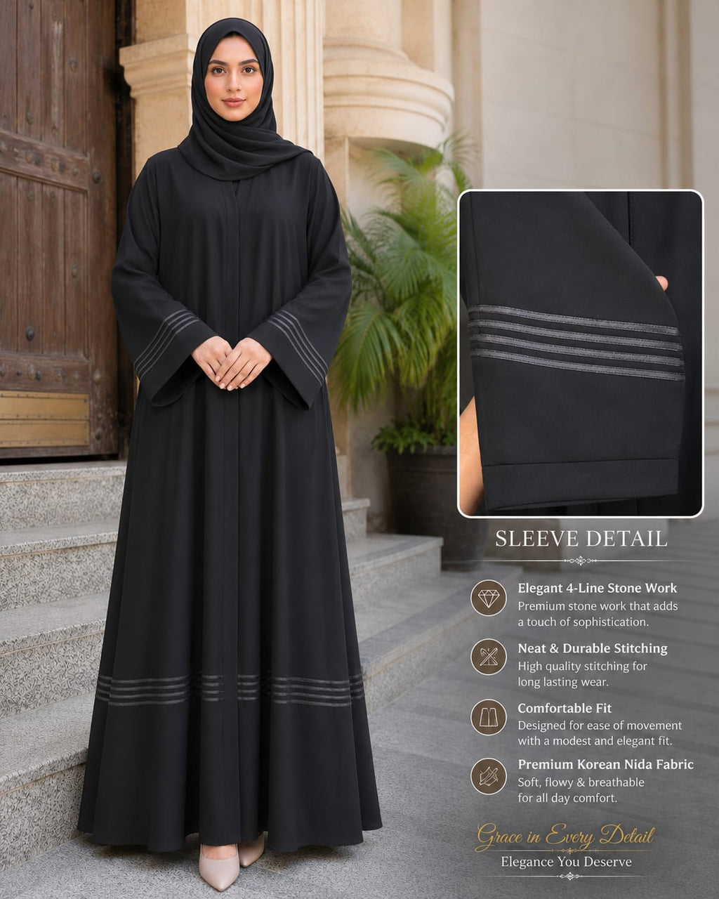 Bint e Haya Premium Korean Nida Black Abaya – 4 Line Piping Sleeves |  | Modest Wear