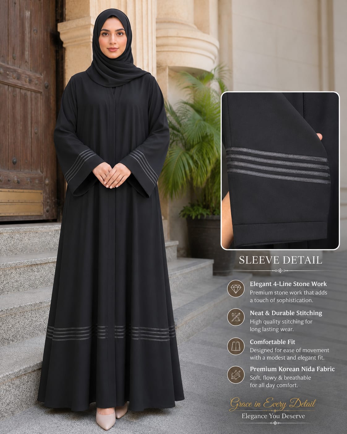 Bint e Haya Premium Korean Nida Black Abaya – 4 Line Piping Sleeves |  | Modest Wear