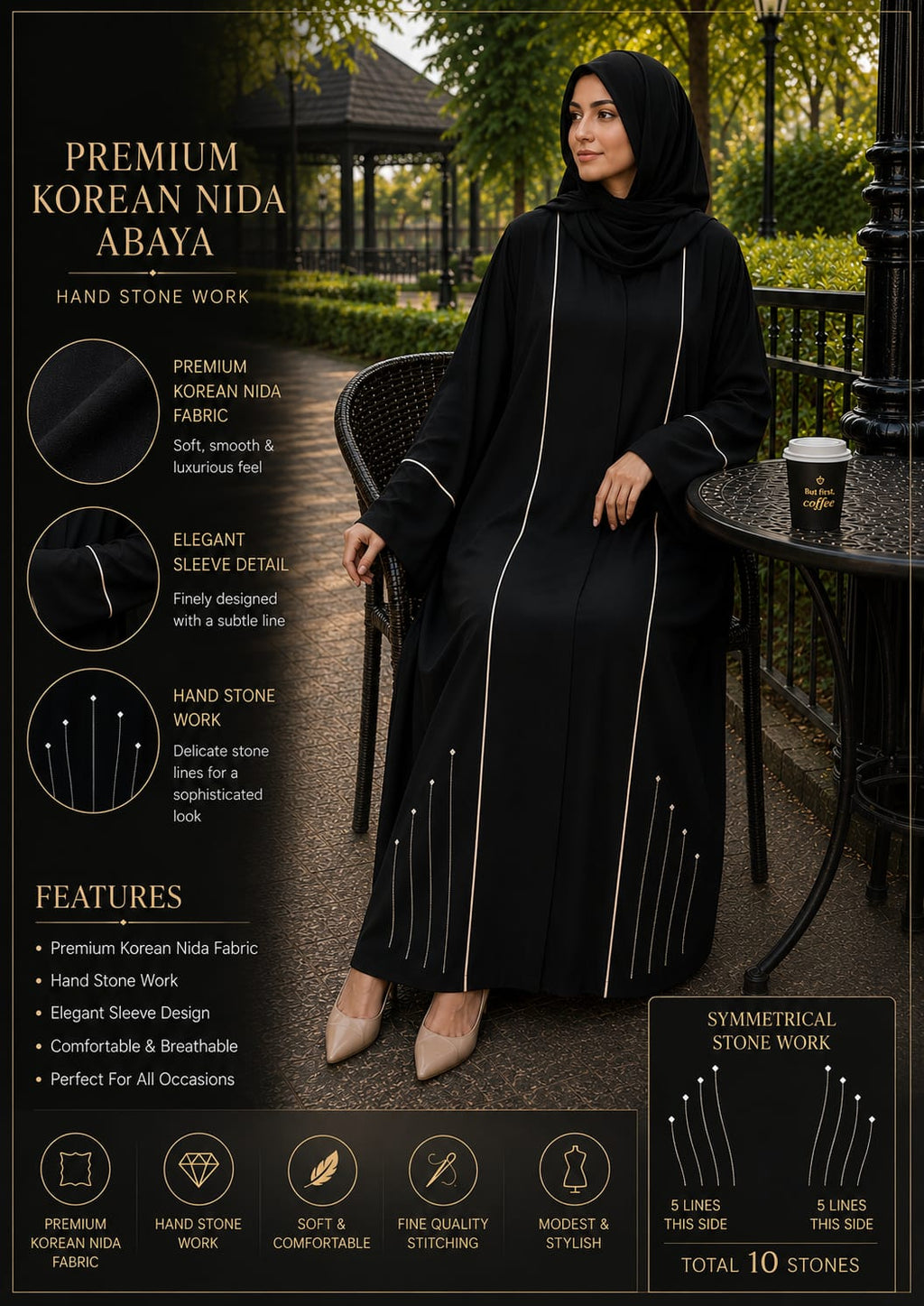 Premium Korean Nida Black Abaya with \ Stone Work | Bint e Haya