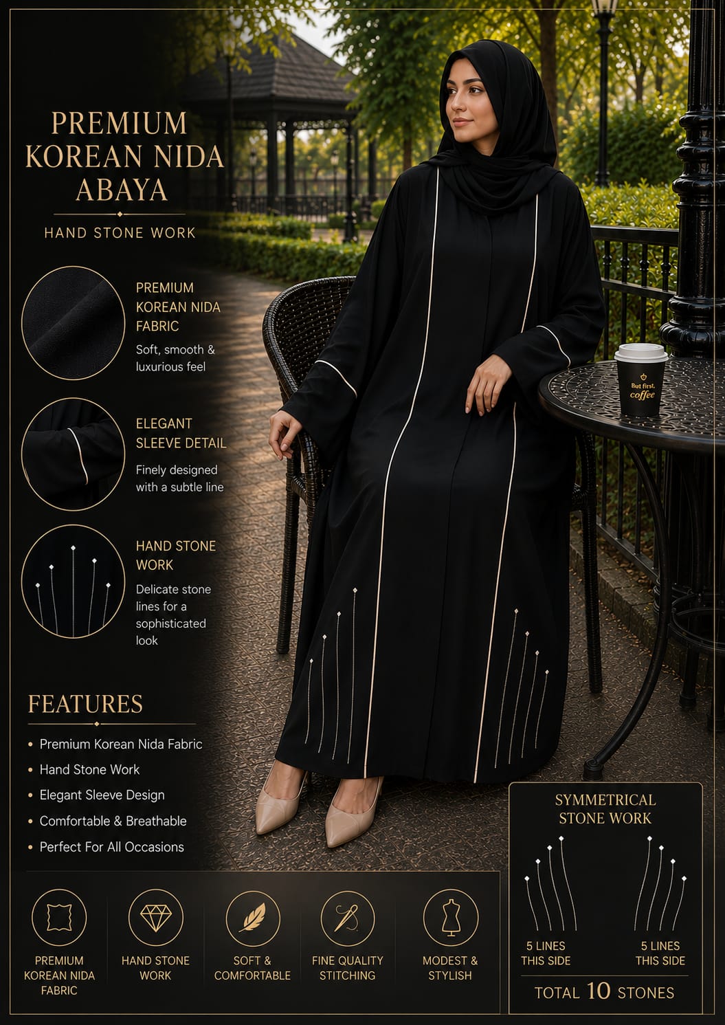 Premium Korean Nida Black Abaya with \ Stone Work | Bint e Haya