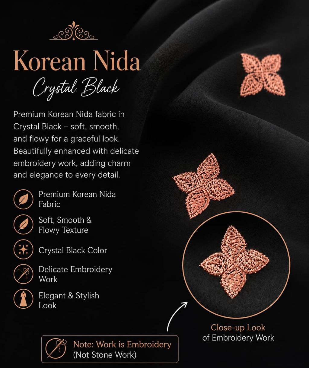 Korean Nida Crystal Black Embroidered Abaya