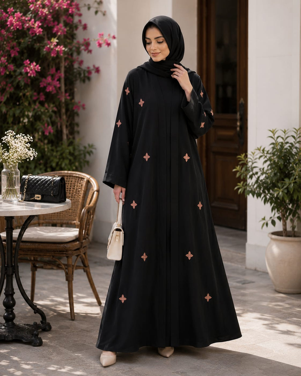 Korean Nida Crystal Black Embroidered Abaya